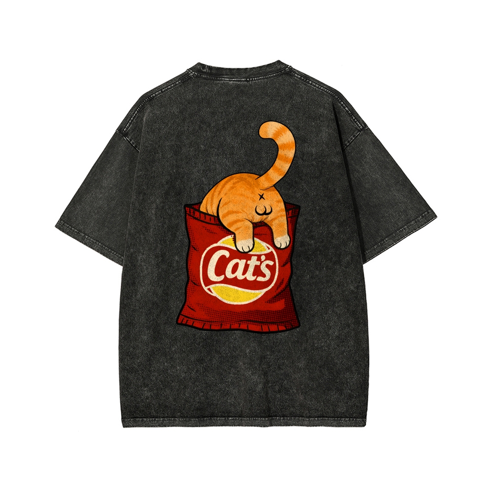 CAT’S CHIPS Front And Back Printing Washed T-shirt
