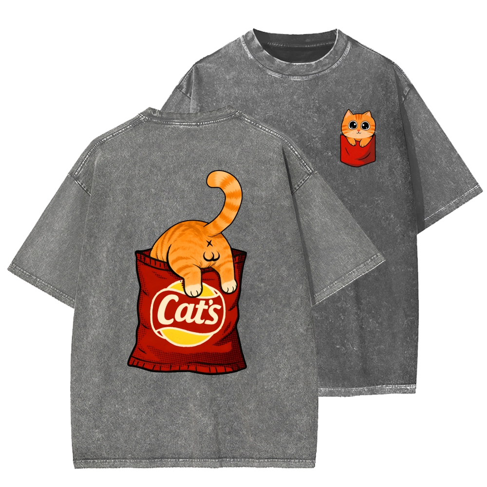 CAT’S CHIPS Front And Back Printing Washed T-shirt
