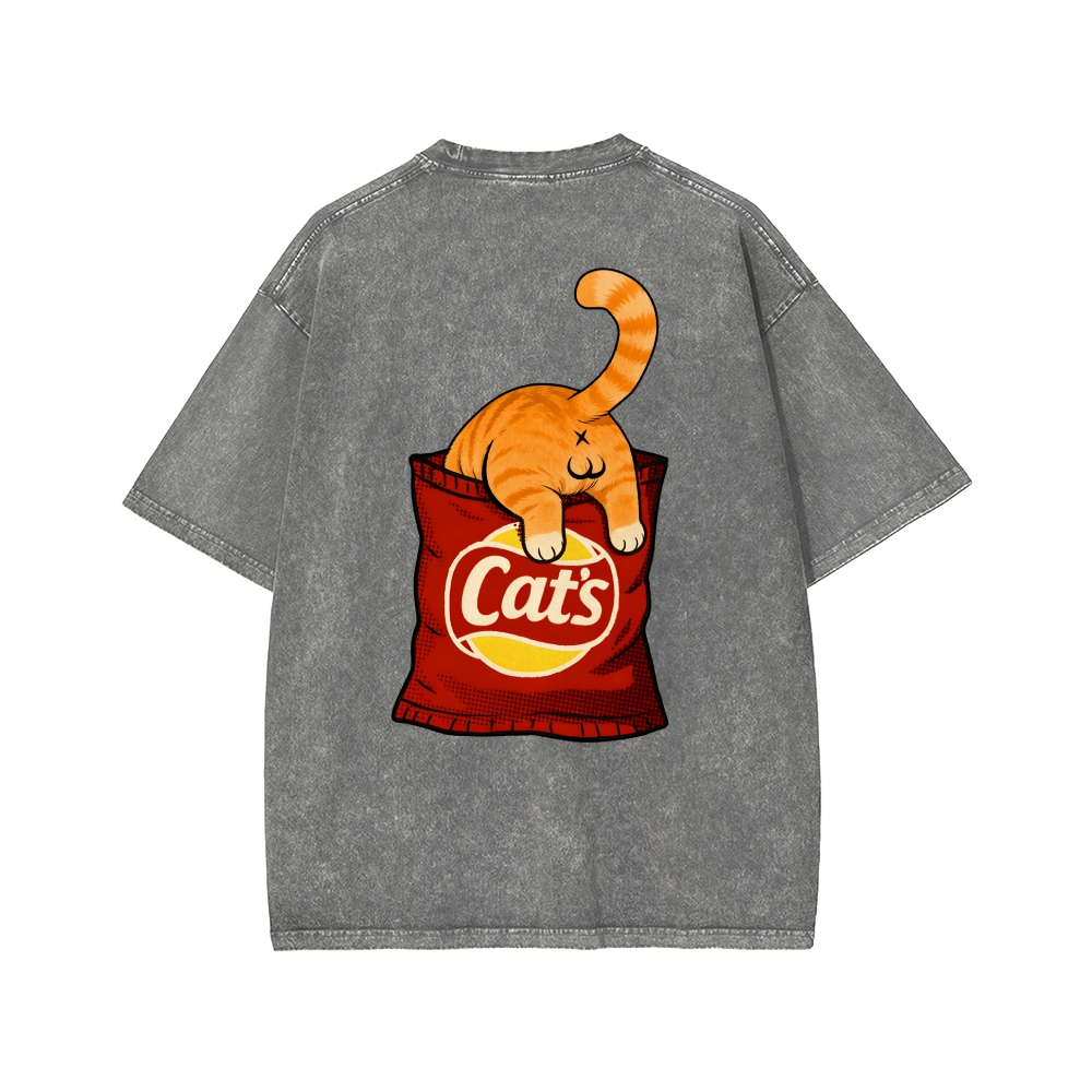CAT’S CHIPS Front And Back Printing Washed T-shirt