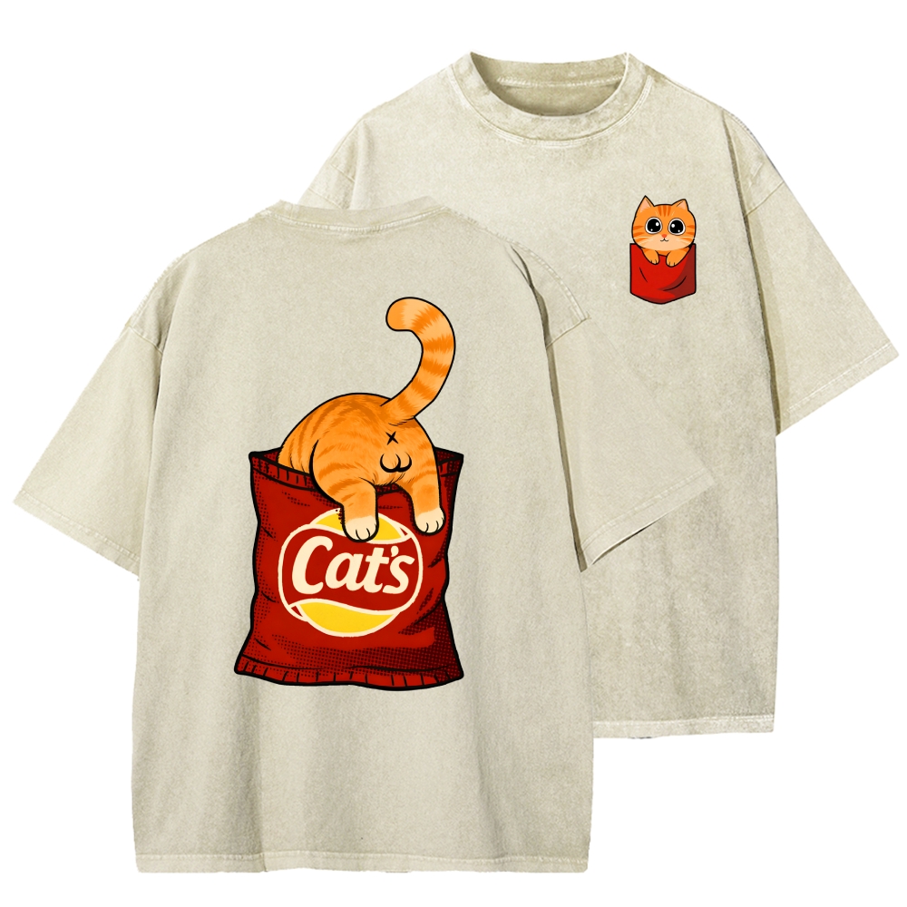 CAT’S CHIPS Front And Back Printing Washed T-shirt