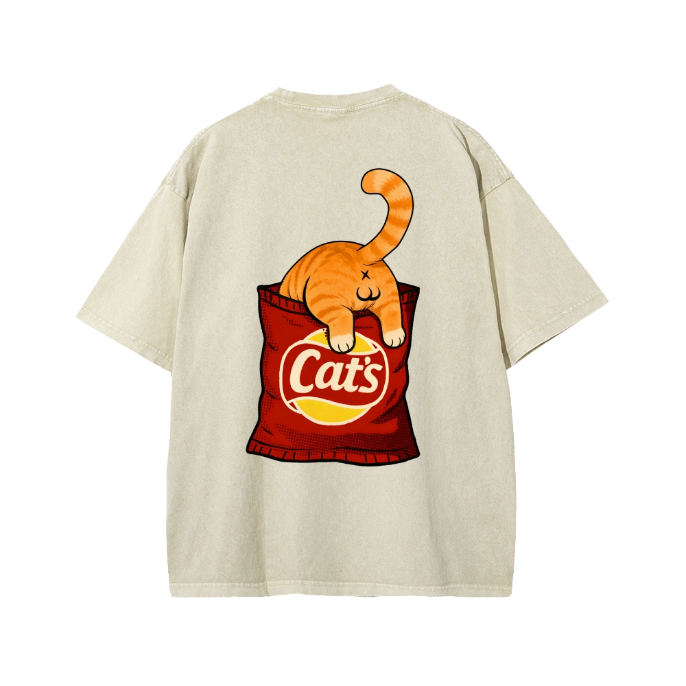 CAT’S CHIPS Front And Back Printing Washed T-shirt