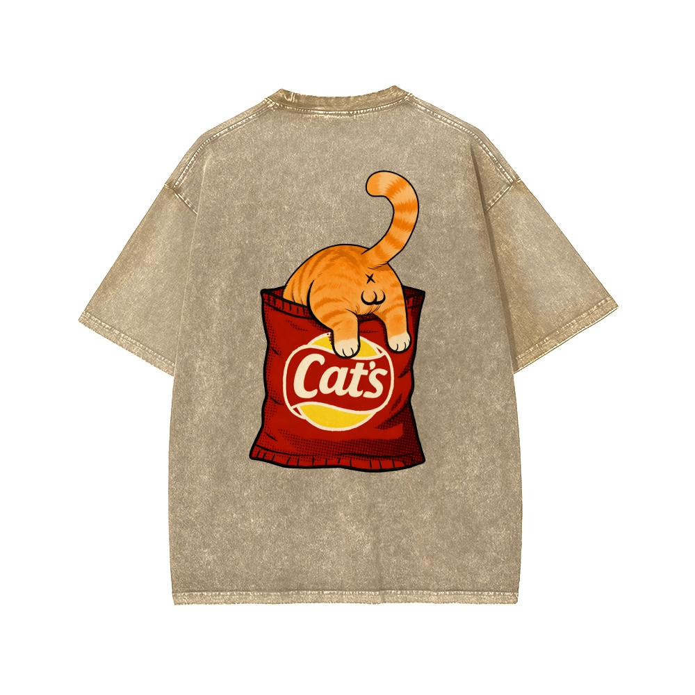 CAT’S CHIPS Front And Back Printing Washed T-shirt