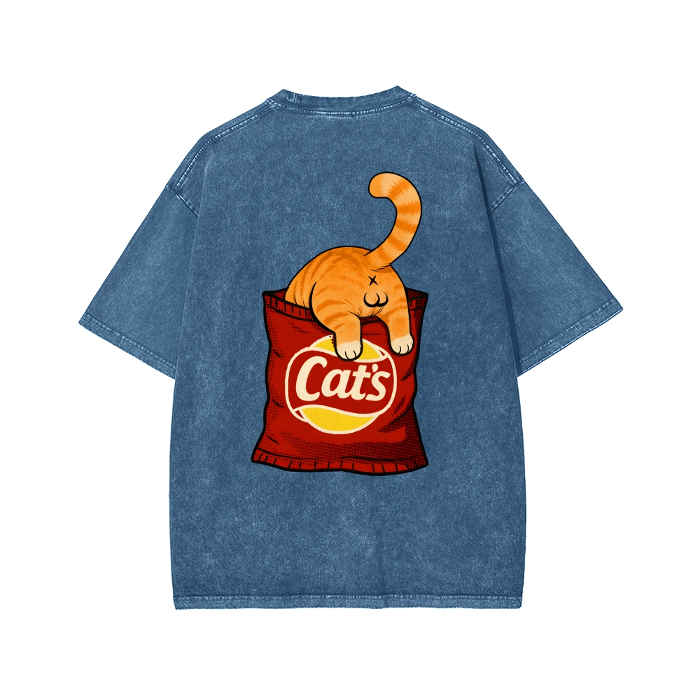 CAT’S CHIPS Front And Back Printing Washed T-shirt