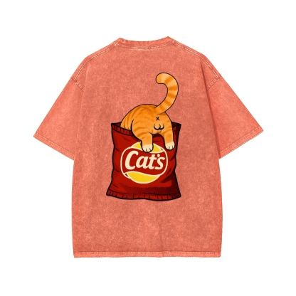 CAT’S CHIPS Front And Back Printing Washed T-shirt