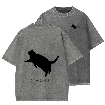 Chonk Fat Cat Meme Front And Back Printing Washed T-shirt