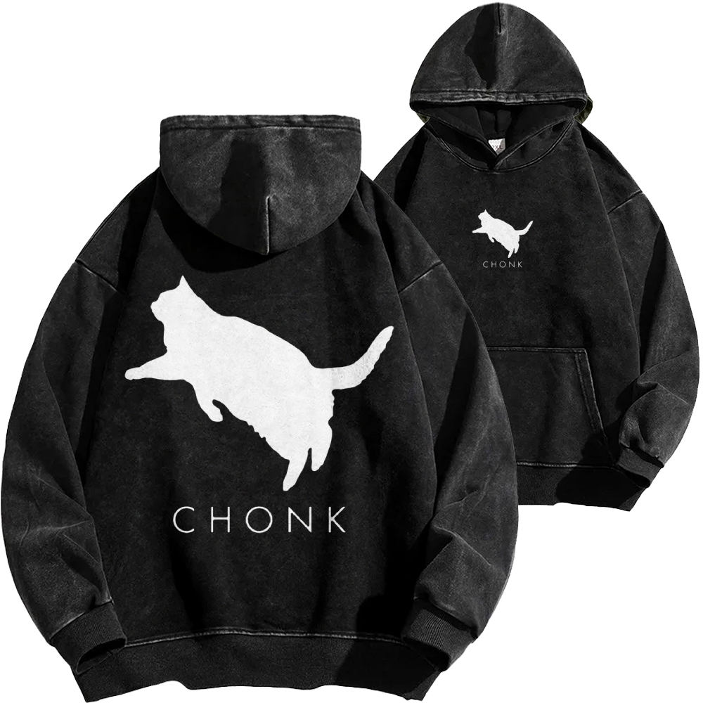 Chonk Fat Cat Meme Front And Back Printing Vintage Washed Hoodie