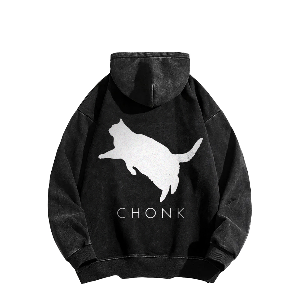 Chonk Fat Cat Meme Front And Back Printing Vintage Washed Hoodie