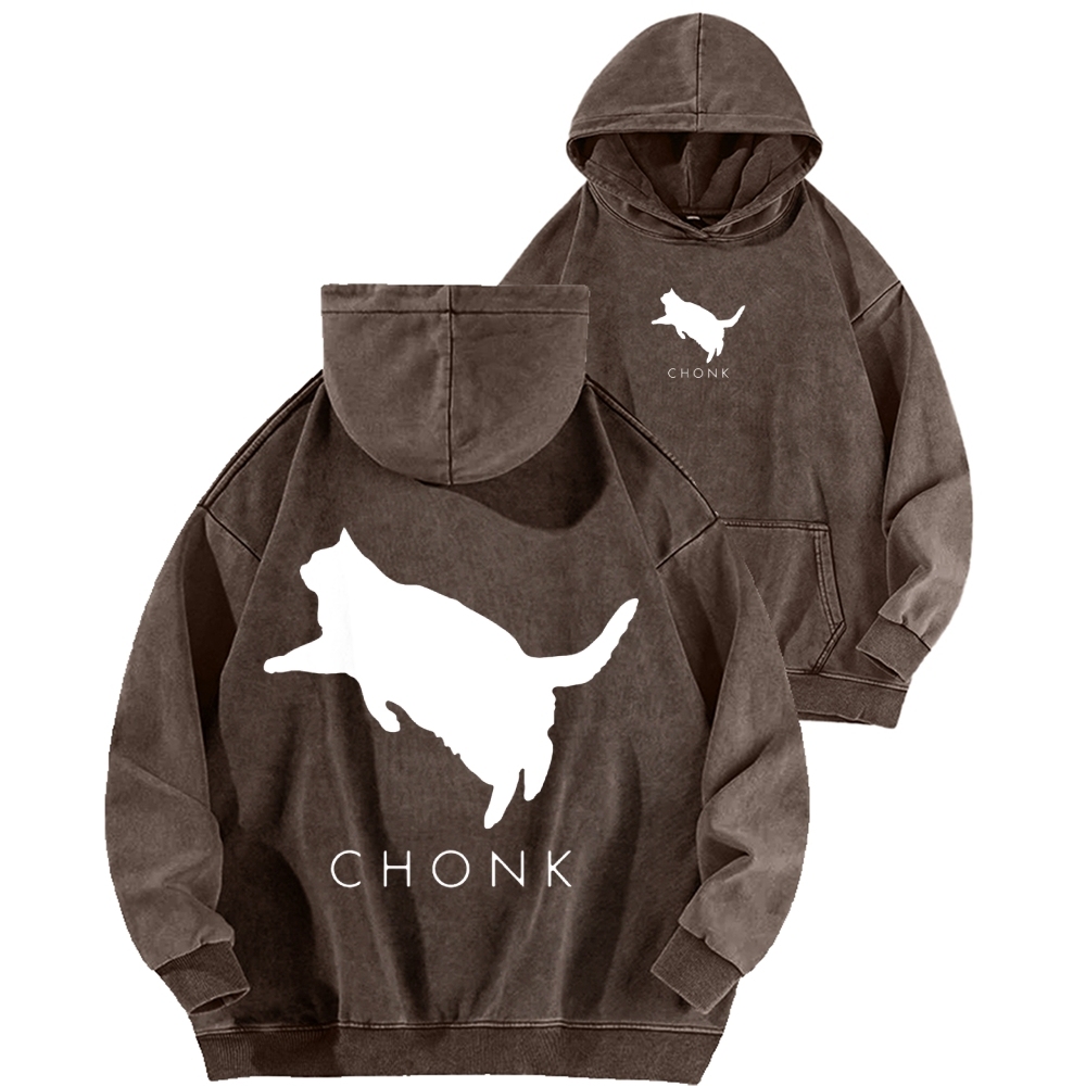 Chonk Fat Cat Meme Front And Back Printing Vintage Washed Hoodie