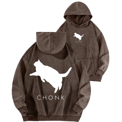 Chonk Fat Cat Meme Front And Back Printing Vintage Washed Hoodie