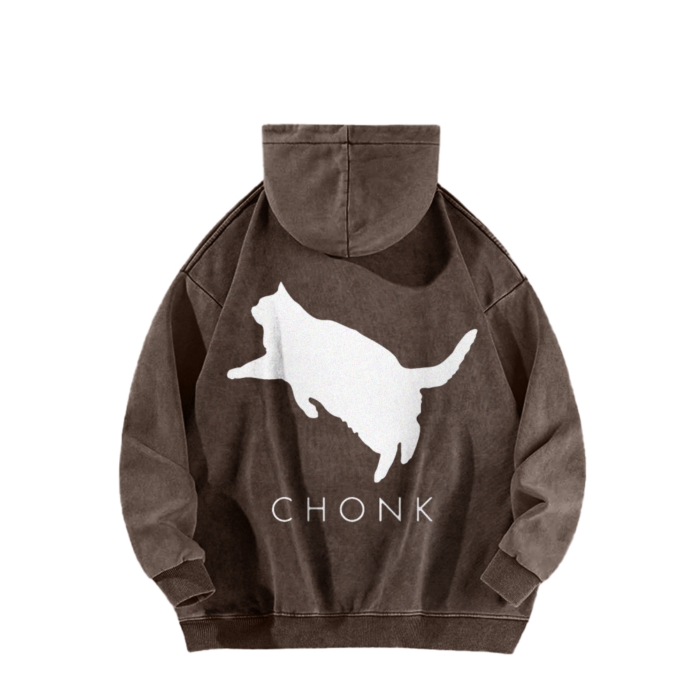 Chonk Fat Cat Meme Front And Back Printing Vintage Washed Hoodie