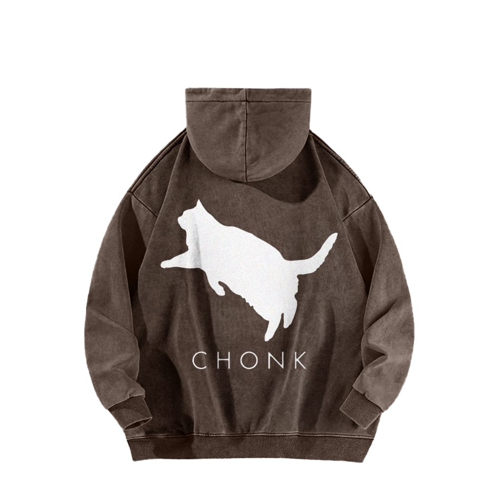 Chonk Fat Cat Meme Front And Back Printing Vintage Washed Hoodie