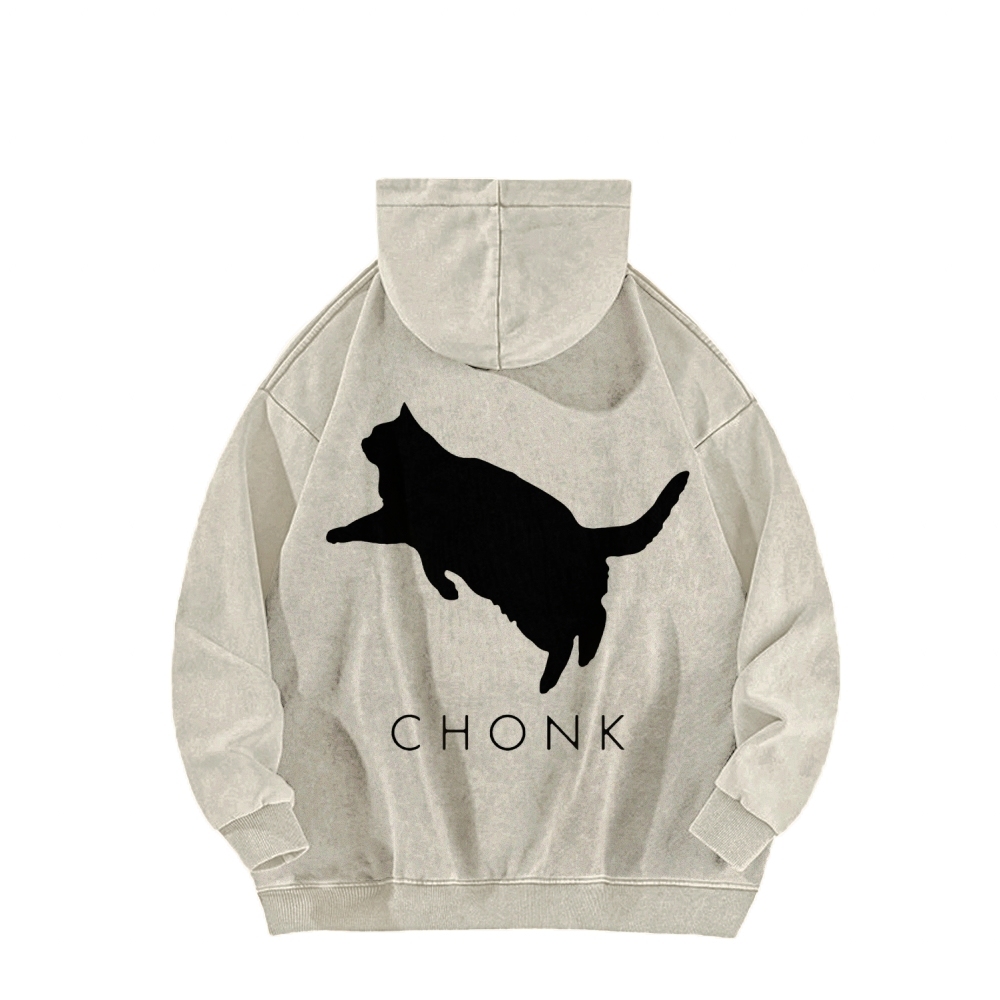 Chonk Fat Cat Meme Front And Back Printing Vintage Washed Hoodie