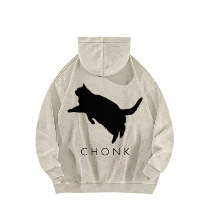 Chonk Fat Cat Meme Front And Back Printing Vintage Washed Hoodie