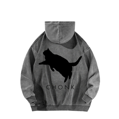 Chonk Fat Cat Meme Front And Back Printing Vintage Washed Hoodie