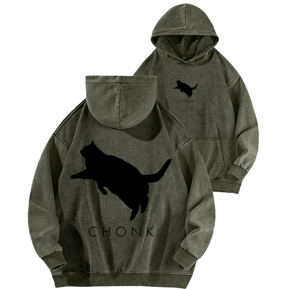 Chonk Fat Cat Meme Front And Back Printing Vintage Washed Hoodie