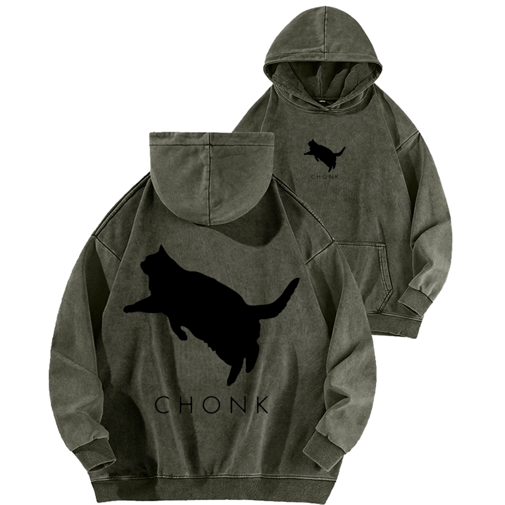 Chonk Fat Cat Meme Front And Back Printing Vintage Washed Hoodie