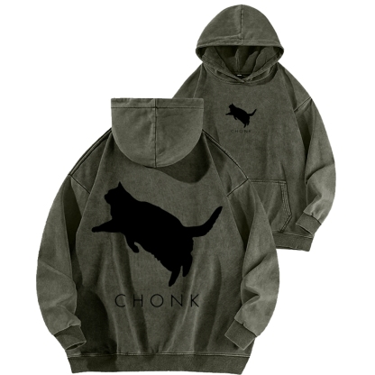 Chonk Fat Cat Meme Front And Back Printing Vintage Washed Hoodie