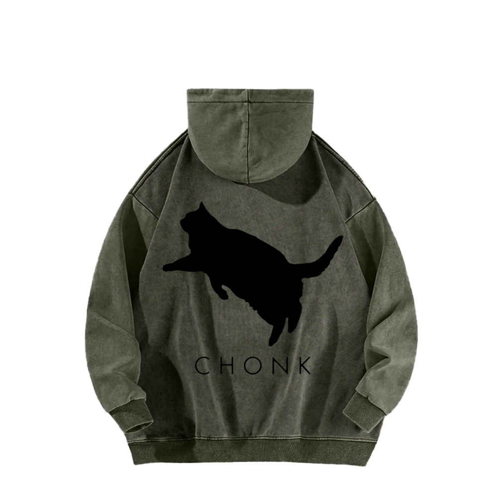 Chonk Fat Cat Meme Front And Back Printing Vintage Washed Hoodie