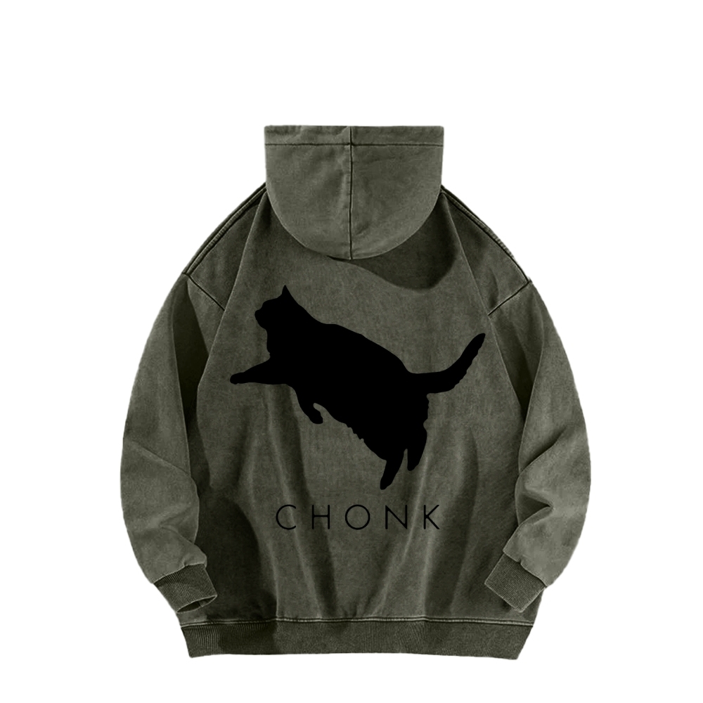 Chonk Fat Cat Meme Front And Back Printing Vintage Washed Hoodie