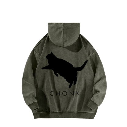 Chonk Fat Cat Meme Front And Back Printing Vintage Washed Hoodie