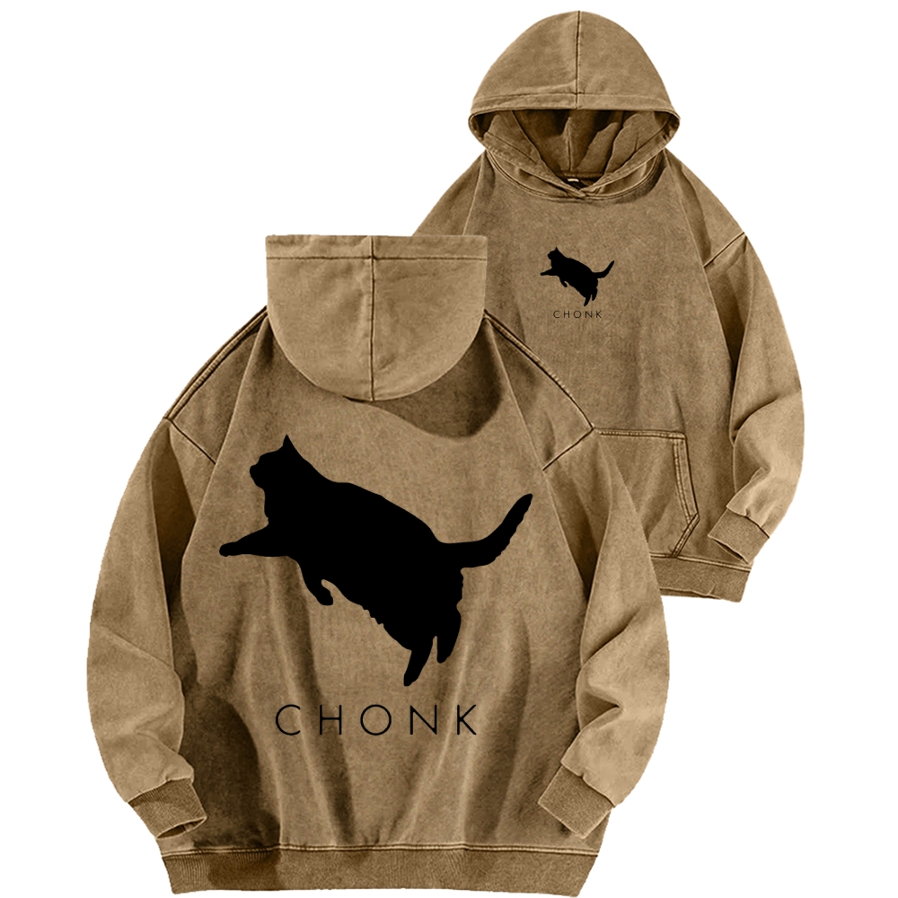 Chonk Fat Cat Meme Front And Back Printing Vintage Washed Hoodie
