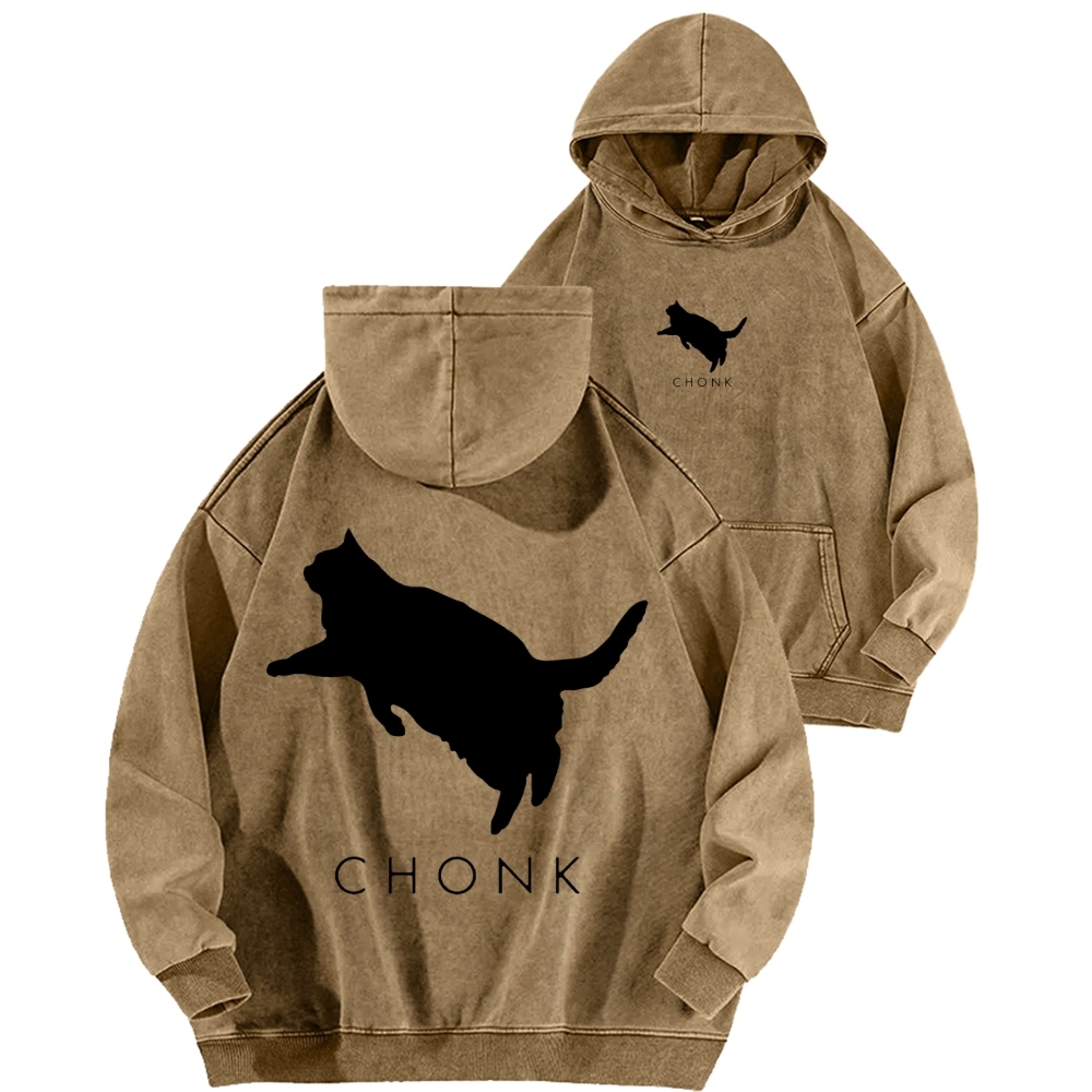 Chonk Fat Cat Meme Front And Back Printing Vintage Washed Hoodie
