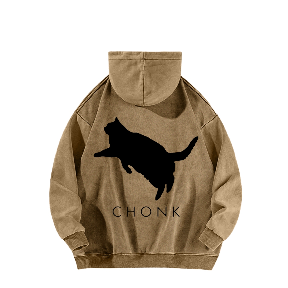 Chonk Fat Cat Meme Front And Back Printing Vintage Washed Hoodie