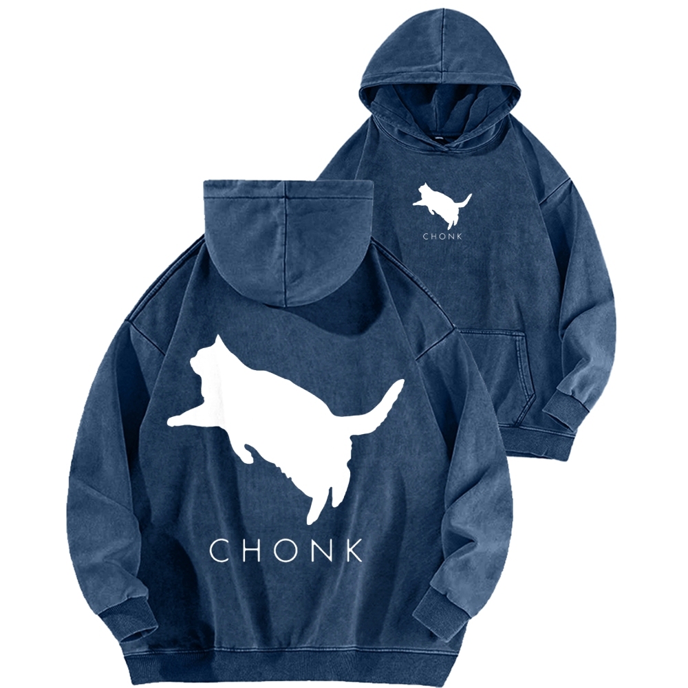 Chonk Fat Cat Meme Front And Back Printing Vintage Washed Hoodie