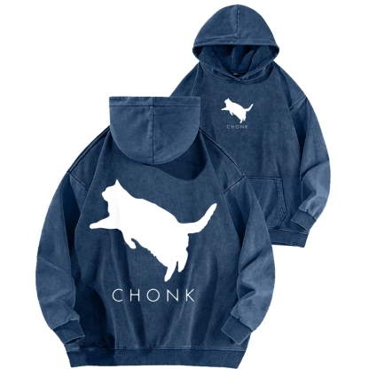 Chonk Fat Cat Meme Front And Back Printing Vintage Washed Hoodie