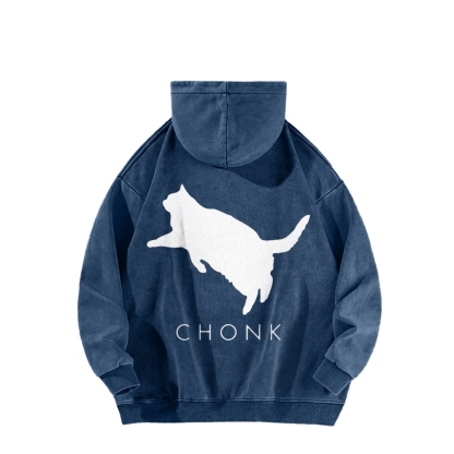 Chonk Fat Cat Meme Front And Back Printing Vintage Washed Hoodie
