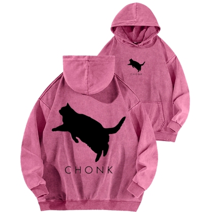 Chonk Fat Cat Meme Front And Back Printing Vintage Washed Hoodie