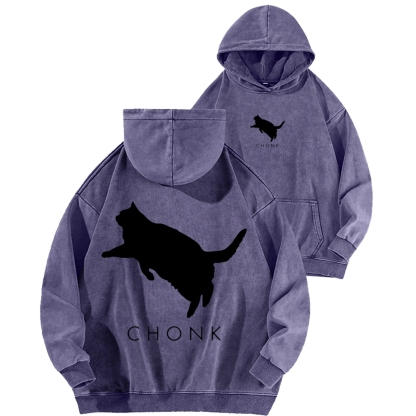 Chonk Fat Cat Meme Front And Back Printing Vintage Washed Hoodie