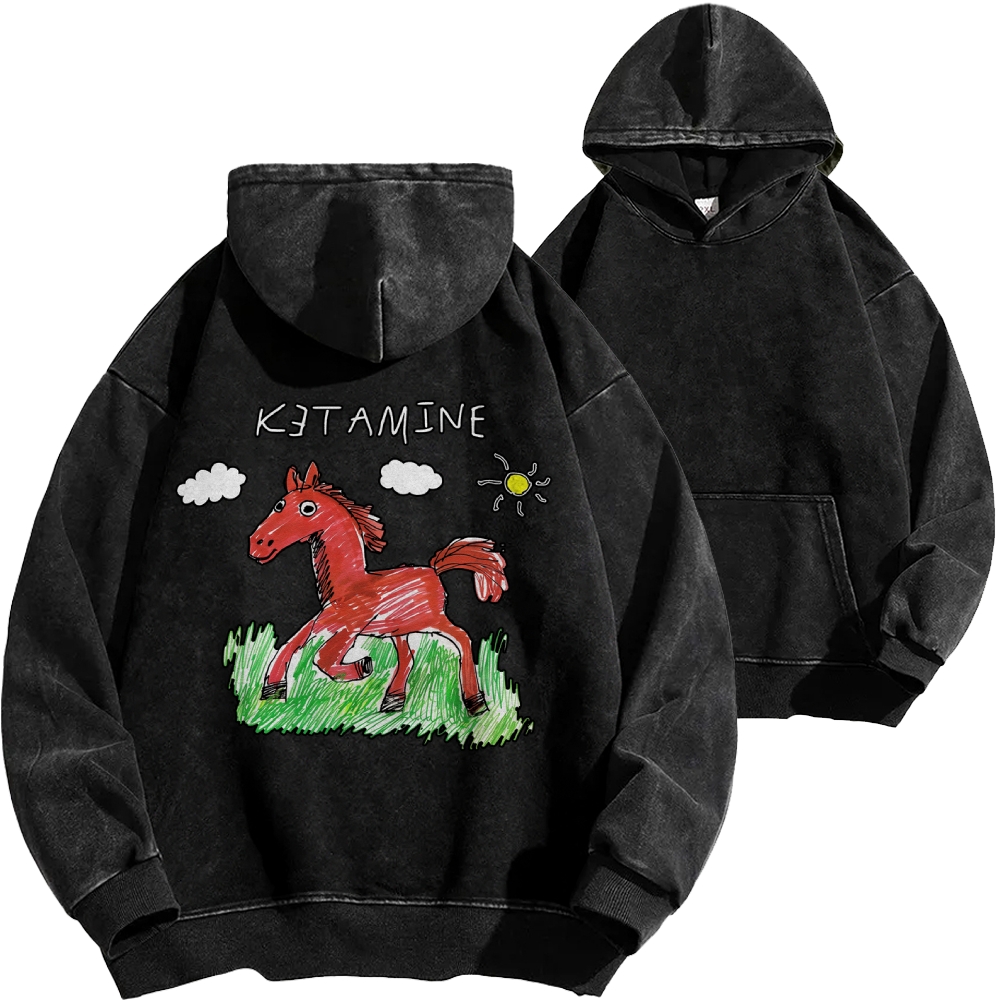Ketamine Horse Funny Children's Drawings Front And Back Printing Vintage Washed Hoodie