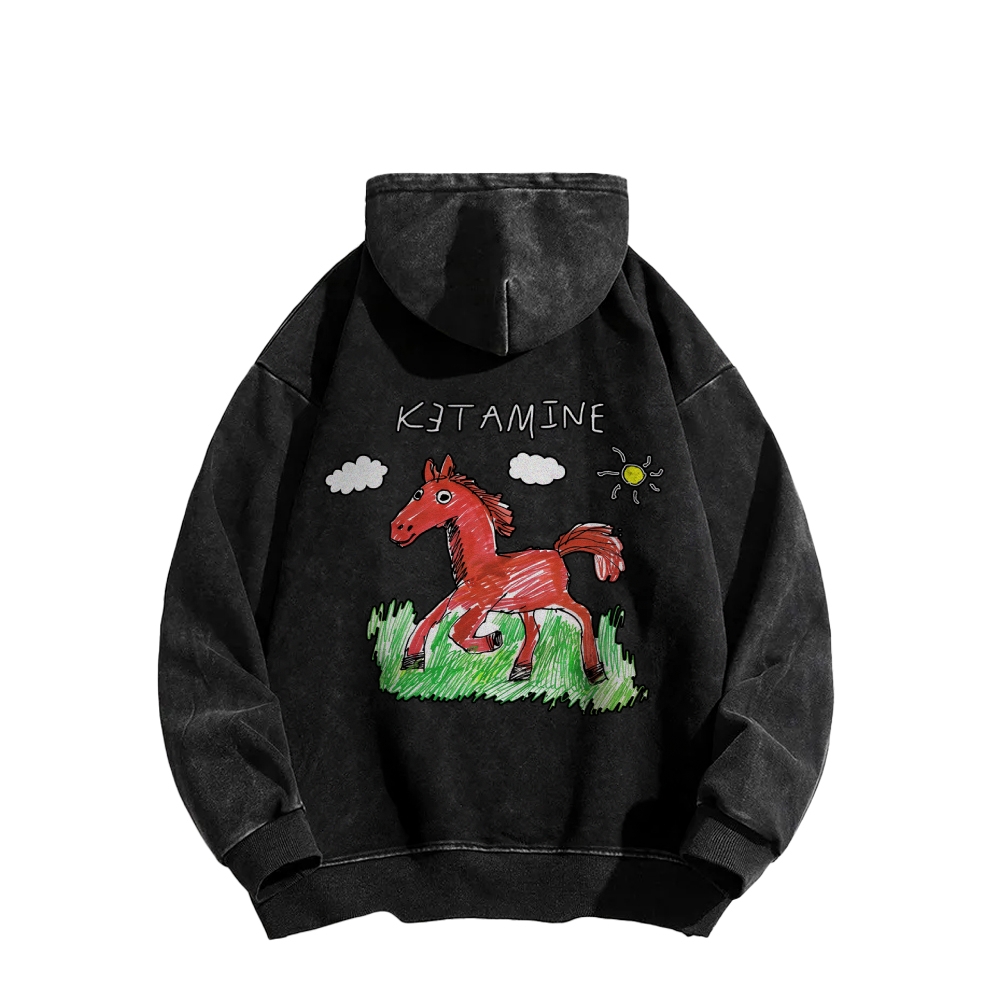 Ketamine Horse Funny Children's Drawings Front And Back Printing Vintage Washed Hoodie