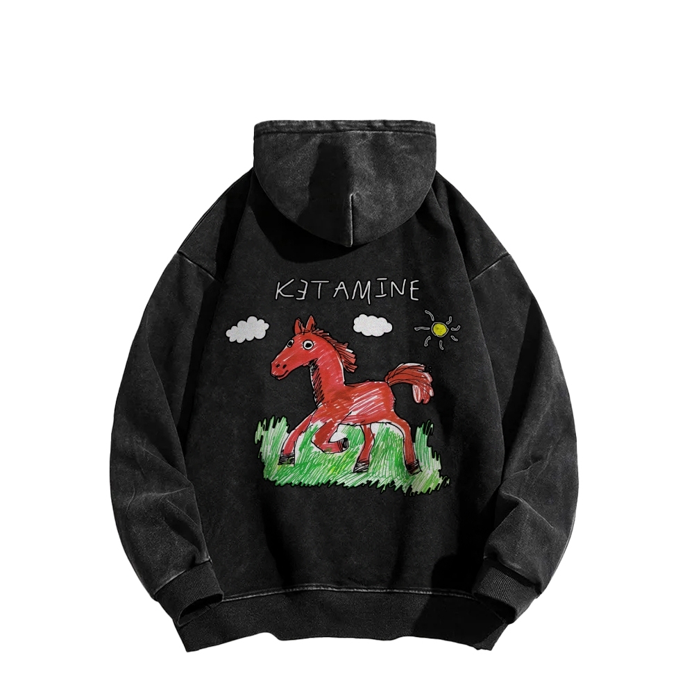 Ketamine Horse Funny Children's Drawings Front And Back Printing Vintage Washed Hoodie