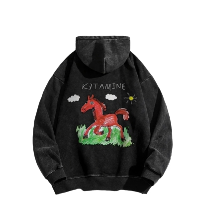 Ketamine Horse Funny Children's Drawings Front And Back Printing Vintage Washed Hoodie