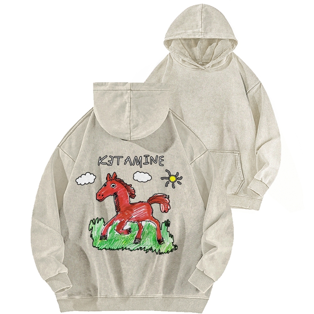 Ketamine Horse Funny Children's Drawings Front And Back Printing Vintage Washed Hoodie