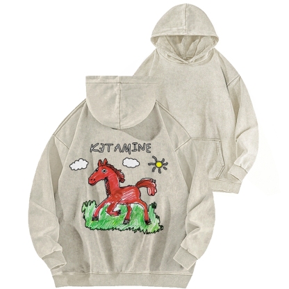Ketamine Horse Funny Children's Drawings Front And Back Printing Vintage Washed Hoodie
