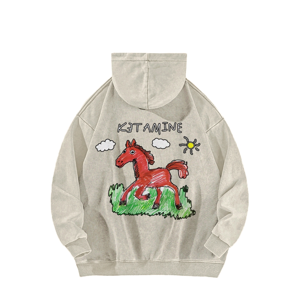 Ketamine Horse Funny Children's Drawings Front And Back Printing Vintage Washed Hoodie