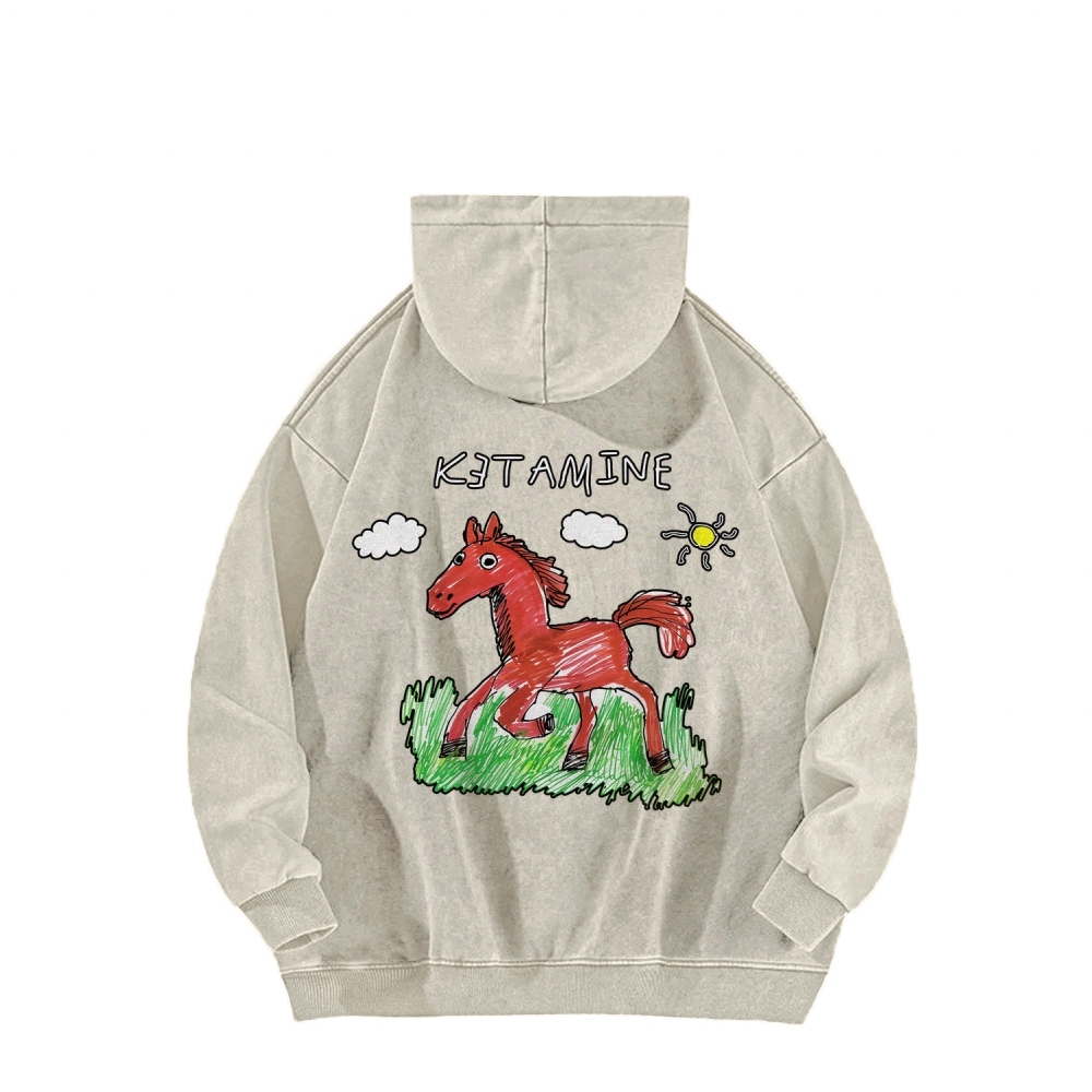 Ketamine Horse Funny Children's Drawings Front And Back Printing Vintage Washed Hoodie