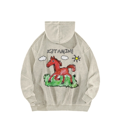 Ketamine Horse Funny Children's Drawings Front And Back Printing Vintage Washed Hoodie