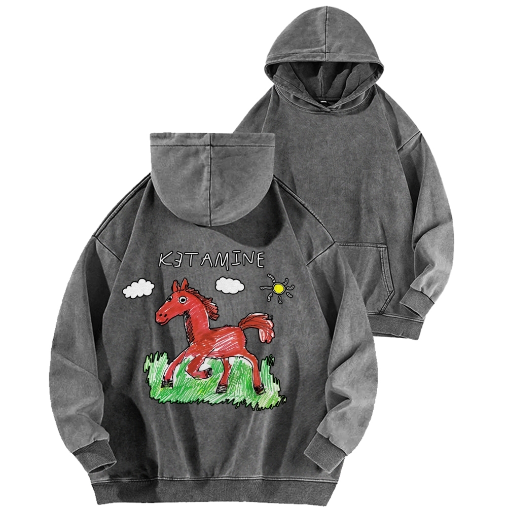 Ketamine Horse Funny Children's Drawings Front And Back Printing Vintage Washed Hoodie