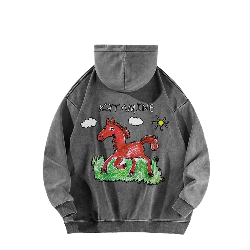 Ketamine Horse Funny Children's Drawings Front And Back Printing Vintage Washed Hoodie