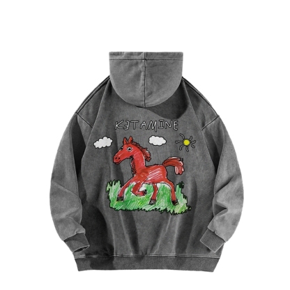 Ketamine Horse Funny Children's Drawings Front And Back Printing Vintage Washed Hoodie