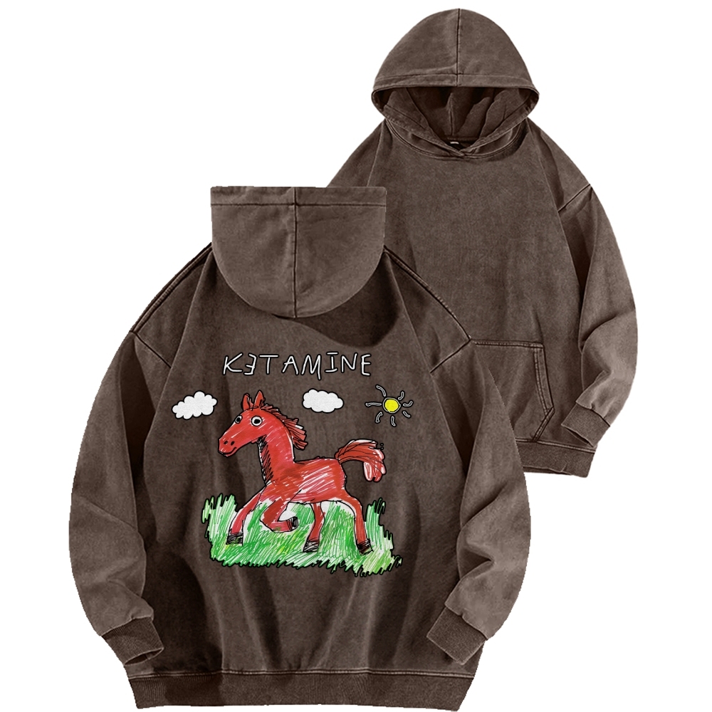 Ketamine Horse Funny Children's Drawings Front And Back Printing Vintage Washed Hoodie