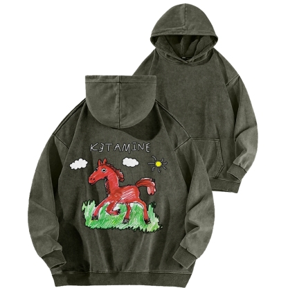 Ketamine Horse Funny Children's Drawings Front And Back Printing Vintage Washed Hoodie