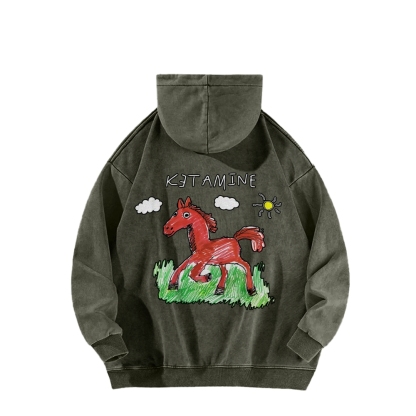 Ketamine Horse Funny Children's Drawings Front And Back Printing Vintage Washed Hoodie
