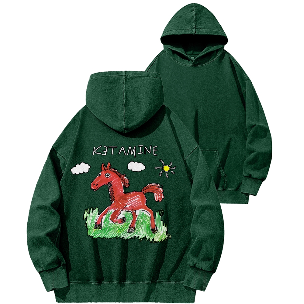 Ketamine Horse Funny Children's Drawings Front And Back Printing Vintage Washed Hoodie