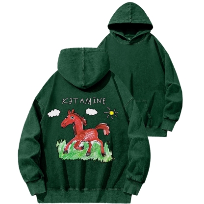 Ketamine Horse Funny Children's Drawings Front And Back Printing Vintage Washed Hoodie