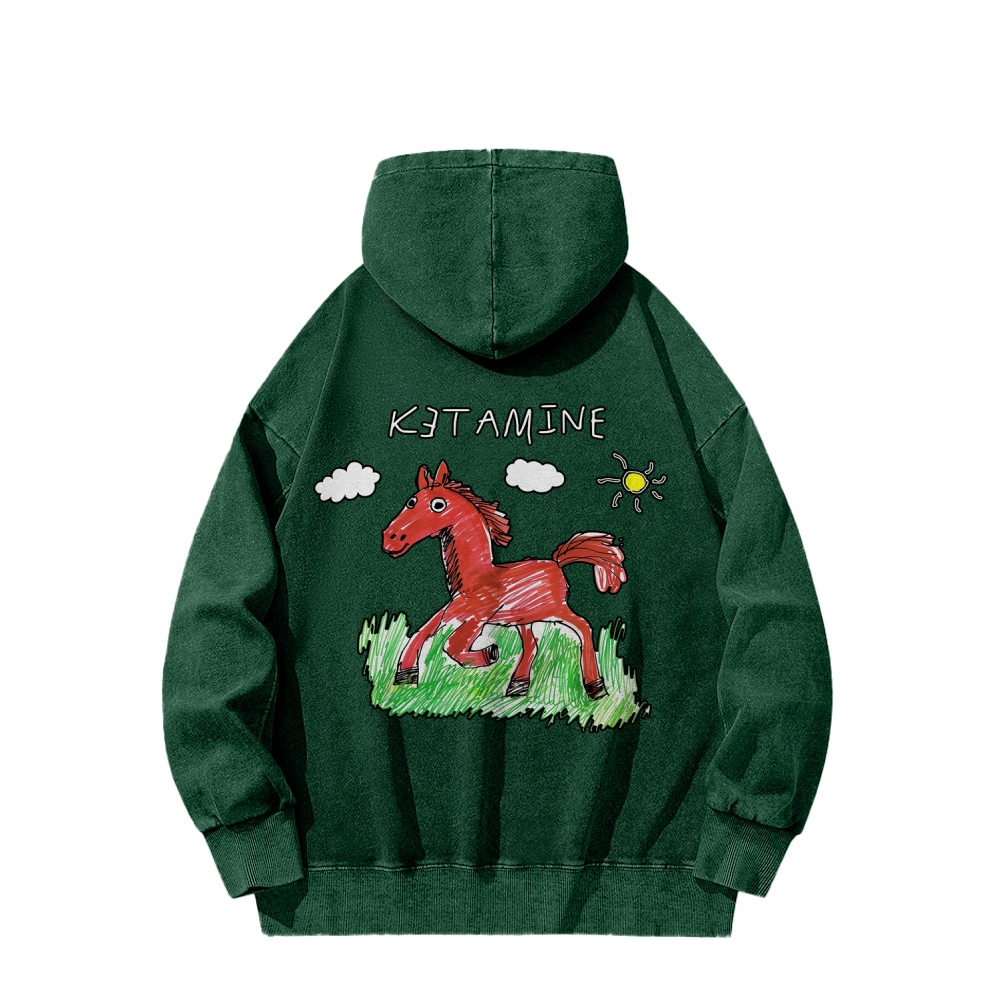 Ketamine Horse Funny Children's Drawings Front And Back Printing Vintage Washed Hoodie